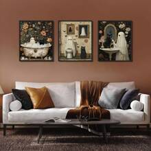 3Pcs Halloween Room Decor Home Decor Bathroom Decor Wall Arts Posters - Ghost Wall Art With Black Cat Funny Gothic Retro Horror Wall Decor Unframed 12x16 Inches ,Halloween Decor Fall Decor