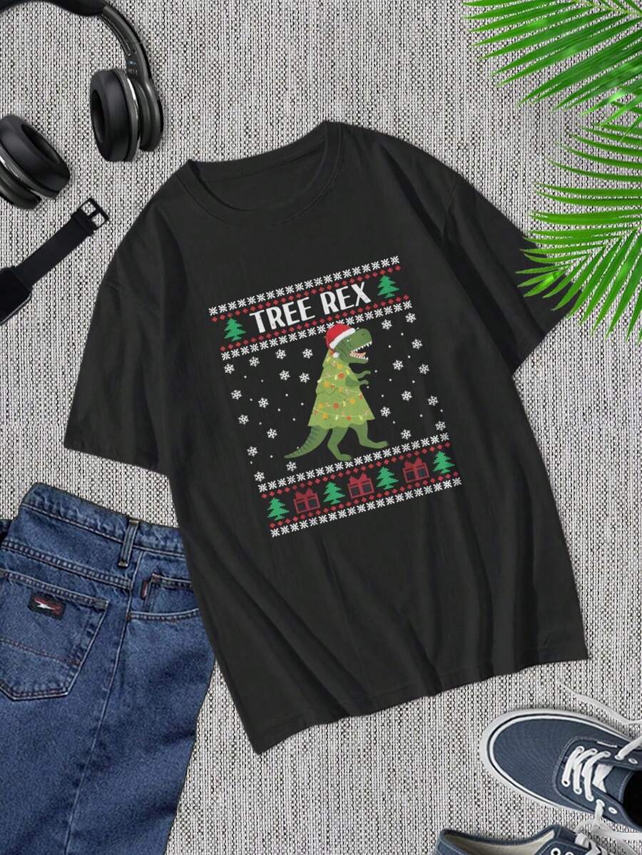 Camiseta de árbol de dinosaurio Rex divertido de Navidad con gorro de Papá Noel - Camiseta alternativa de dinosaurio de suéter navideño feo para hombres y mujeres, camiseta para fiesta de Navidad - Negro - Ver 1