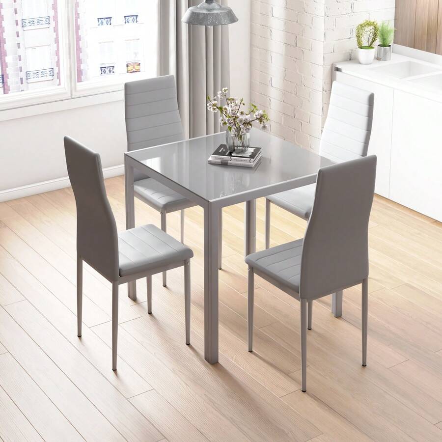 Jooli H 75cm Dining Table And Chairs Set 4, Glass Kitchen Table With 4 Faux Leather High Back Chairs Modern Dining Room Sets For Home Kitchen Office, Grey