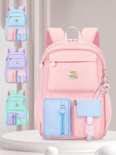 1pc Cute Dopamine Color Block Backpack (With Adorable Pendant), Large Capacity Girl Backpack, Polyester Material, Zipper Closure, Suitable For School, Work, Commute, Daily Use, Back To School Gift