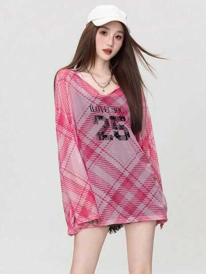 New Casual Versatile Numeral Print Loose Plaid Contrast Color Mesh Cover-Up T-Shirt