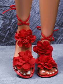 女士系带编织腿套，饰有贴花，优雅波西米亚风休闲沙滩凉鞋，PU皮革贴花编织平底凉鞋，适合婚礼、派对、办公室、居家、夏季穿着 - 紅色 - 查看 5