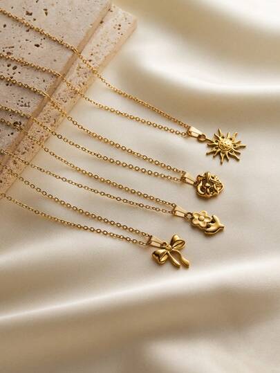 1 件时尚奢华不锈钢 18K 镀金闪耀太阳、鲜花、3D 心形、梦幻蝴蝶结吊坠项链，适合女士，防过敏，适合日常佩戴，馈赠佳品