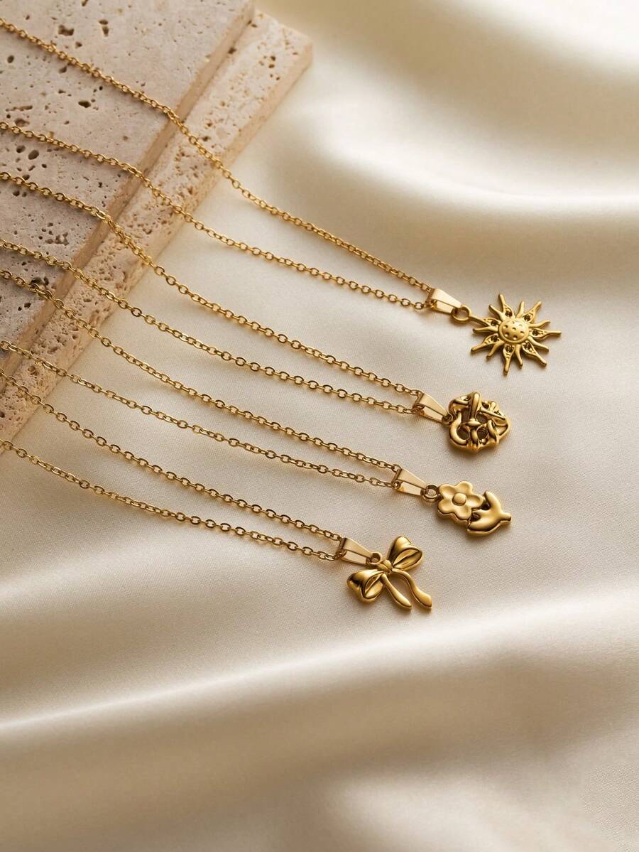 1 件时尚奢华不锈钢 18K 镀金闪耀太阳、鲜花、3D 心形、梦幻蝴蝶结吊坠项链，适合女士，防过敏，适合日常佩戴，馈赠佳品 - 金色 - 查看 1