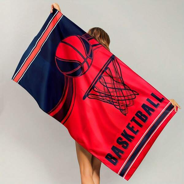 Basketball-Themed Beach Towel, Vintage Style, Quick-Dry, Fade-Resistant, Knit Fabric, Polyester 100%, Oblong Sports Beach Towel With Machine Washable For Sports And Outdoor Enthusiasts Beach Essentials