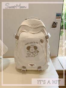 1pc Beige Nylon Casual College Style Cartoon Letter Embroidered Quilted Multi-Pocket Zip Up Backpack (Without Pendant), Suitable For Daily School, Training, Women's Commute, Outings, Shopping, Travel, Vacations, Items Storage, Back To School, Graduation Gift