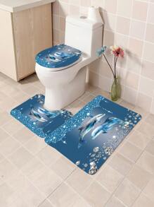 1 Stück/4 Stück Delfin Muster Multi-Funktionale Dekorative Wasserdichte Duschvorhang mit 12 Haken, rutschfeste Badematte, U-förmige Toilettenvorleger und runde Toilettenabdeckung, Badezimmer-Set für alle Badszenarien, Badezimmer-Accessoires Schulanfang