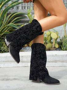 Women's Chunky Heel Pointed Toe Ruched Boot Short Boots, Outdoor Vintage Embroidered Western Boots, Autumn/Winter 2025 New Arrival