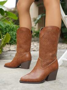 Women's Vintage V-Cut Pointed Toe Thick Heeled Hollow-Out Embroidery Western Mid-Calf Boots, Casual Slip-On Style