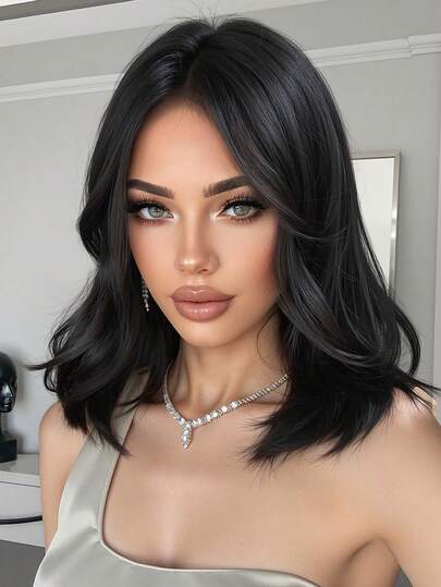 طقم شعر مستعار طويل أسود مموج 16 بوصة، شعر مجعد طويل ذهبي متوسط الجزء، مناسب للنساء للاستخدام اليومي والحفلات والتنكر والعطلات وتجمعات العائلة والارتداء اليومي وهدية عيد الأم وعيد الهالوين والكريسماس وهدية للصديقة