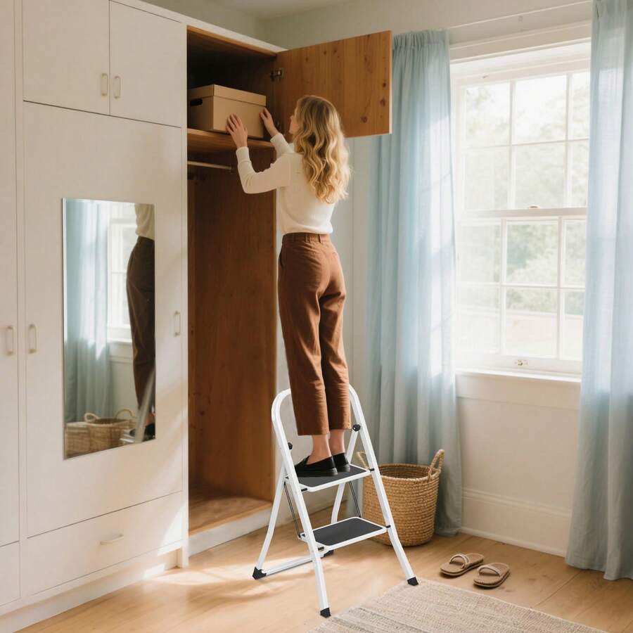 LILIIN Folding Stepladder - 2/3/4 Steps, Stepladder With Wide Pedals, Steel Construction, Anti-Slip Feet, Load Capacity Up To 150 Kg, Folding Ladder For Home, Warehouse, Garage, Space-Saving, Black And White - Black and White - View 1