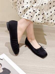 Satin Bow Ballet Flats Women, Square Toe Low Vamp Ballerina Shoes, Plus Size 41-45 - Black - View 6