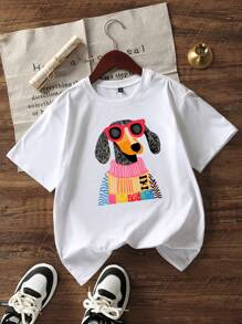 Girls Casual Printed White Crew Neck Short Sleeve T-Shirt Tops For Teens & Students, Summer