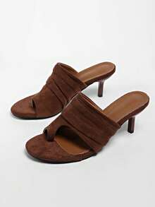 夏季新款女士凉鞋，绒面革圆头踝带细高跟凉鞋，卡其棕色 - 咖啡棕 - 查看 1