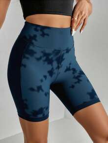 Biker short deportivo ajustado sexy dama mujer tejido stretch estampado tipo reflejo agua pretina elástica bajo recto posterior costura push up ejercicio gym deporte calle diario vacaciones playa día noche cómodo básico - Agua verde azul - Ver 1