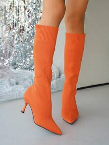 Pointed Toe Slim High Heel Knee-High Boots For Women, Plus Size Slimming & Elongating Elastic Sock Boots, Skinny Boots - Orange - View 7
