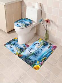 1pc/4pcs Dolphin Waterfall Pattern Multipurpose Bathroom Decor Set Including Waterproof Shower Curtain With 12 Hooks, Anti-Slip Bath Mat, U-Shaped Floor Mat And Round Toilet Lid Cover, Suitable For All Bathroom Scenarios Bathroom Accessories