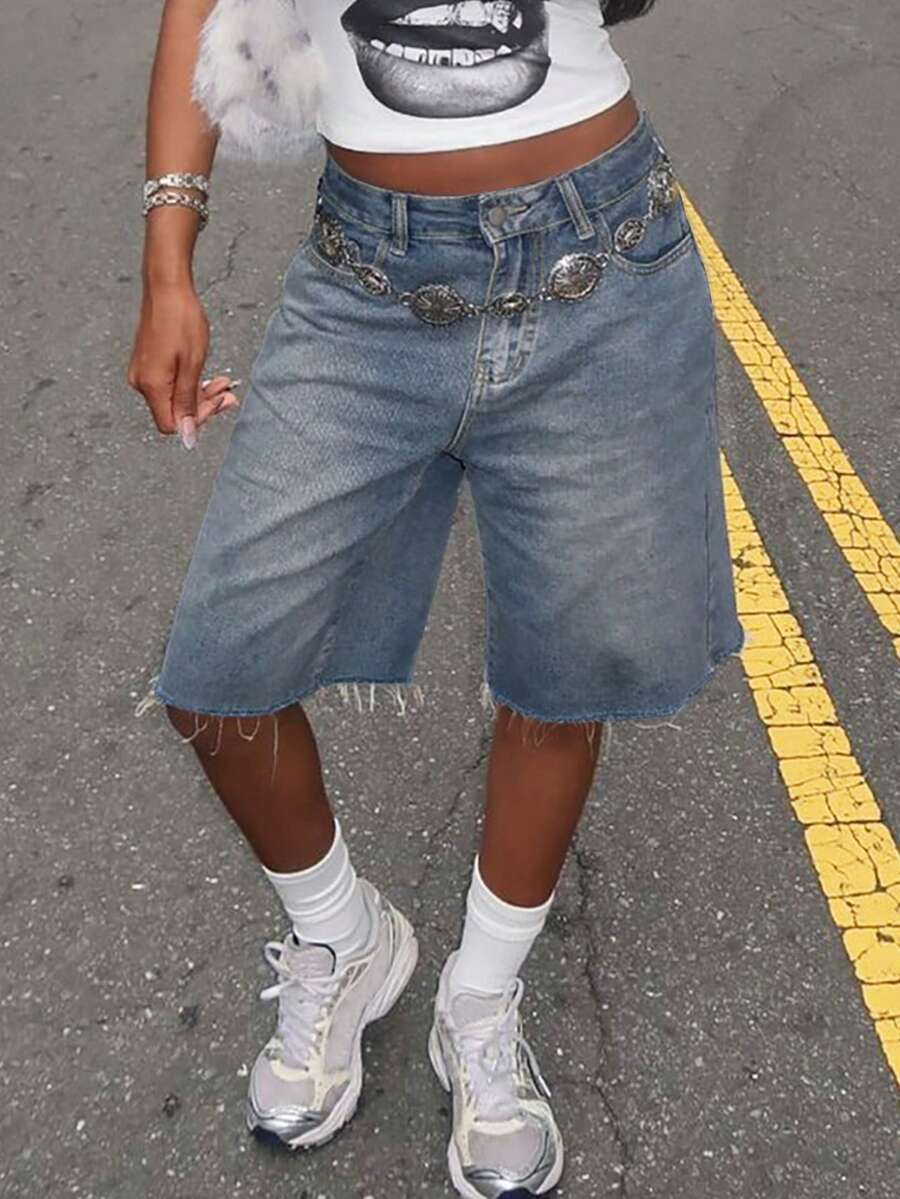 Y2K Vintage Distressed Ripped Hem Wide Leg Bermuda Denim Shorts With Side Pockets, Comfortable Music Festival Shorts - Retro Blue - View 1