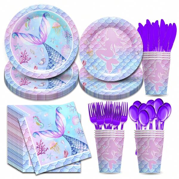 168PCS Mermaid Themed Party Supplies-Under The Sea Mermaid Birthday Party Decorations Ocean Party Tableware Plates Cups Napkins Knives Forks For 24 Guests