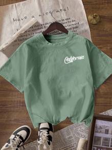Camiseta de mujer de manga corta y cuello redondo con estampado de palmeras "Vacaciones en la playa de California en verano" de estilo casual