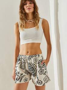 BIANCO LUCCI 女士亚麻短款低腰松紧腰带海滩热带印花宽松短裤 - 黑色 - 查看 5