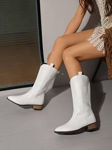 New Women's Embroidered Leather White Western Boots, Pointed ToeThick Heel High Heel Sleeve Mid-Calf Boots, Outdoor Leisure FashionBoots
