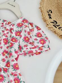 Conjunto de 2 peças de blusa e calça lanterna com estampa floral elegante e babados para meninas, adequado para atividades ao ar livre, fotografia, uso diário, piquenique, escola, primavera/verão