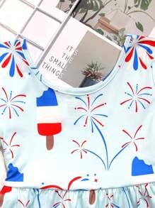 Young Girl Stretchy American Style Ice Cream & Fireworks Print Short Sleeve Dress Summer Gift, Independence Day, Party