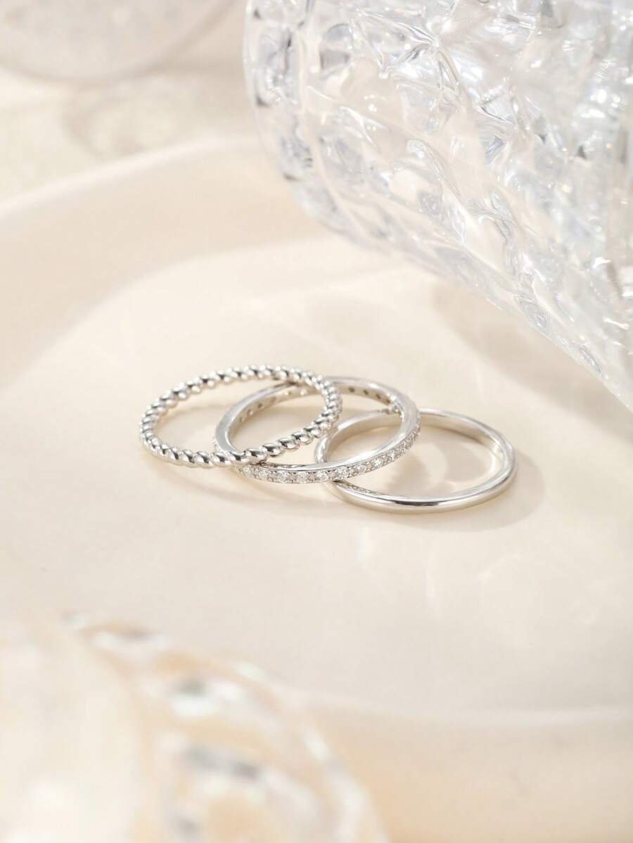 3pcs Cubic Zirconia Twisted Rope 925 Sterling Silver Ring Set, Elegant & Versatile Jewelry Gift Box, Suitable For Couples, Holidays, Parties, Festivals, Beach Vacation, Daily Wear