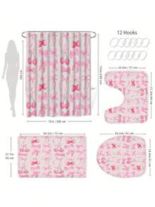 [1/4 pièces Ensemble salle de bain rêve] 1/4 pièces Ensemble de rideaux de douche rose cerisier délicat, tapis de toilette en U, housse de siège de toilette, ensemble de salle de bain décoratif, avec 12 crochets Rentrée scolaire