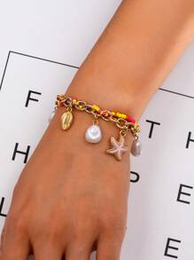 1 pulseira com pingente de pérola, estrela do mar e concha, elegante, cor dopamina, fresca, simples e versátil
