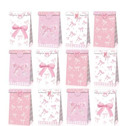 [Ensemble de 4/8/12 pièces] Sacs cadeaux roses mode avec nœuds (avec autocollants décoratifs), élégants pour la décoration d'anniversaire/enterrement de vie de jeune fille/fiançailles/shower de mariage