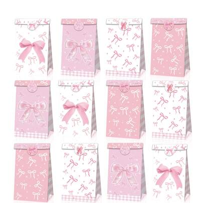 [4/8/12 件套] 时尚粉色蝴蝶结礼品袋（带装饰贴纸），优雅适合生日/单身派对/订婚/新娘送礼会装饰