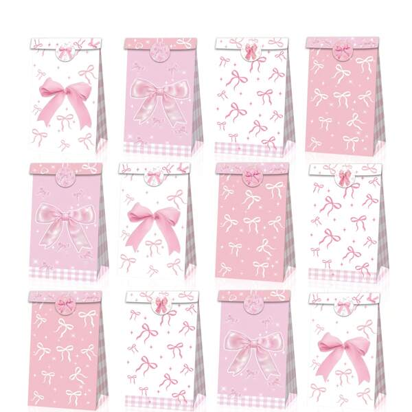 [4/8/12 Pcs Set] Fashionable Pink Bow Gift Bags (With Decorative Stickers), Elegant For Birthday/Bachelorette/Engagement/Bridal Shower Decor