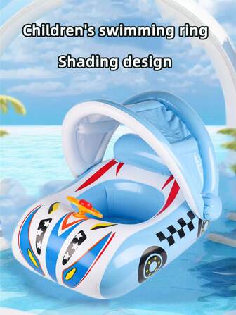 1 Pc Kids' Swimming Ring With Sunshade Canopy, Cute Cartoon Car Horn Shaped Floating Ring, Anti-Capsize Thicker Life Buoy, Suitable For Boys And Girls Water Sports Beginner, Inflatable