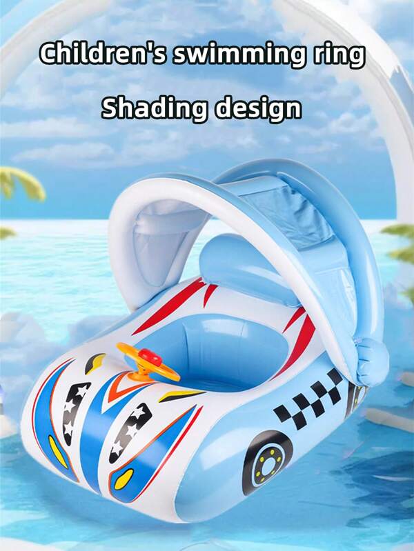 1 Pc Kids' Swimming Ring With Sunshade Canopy, Cute Cartoon Car Horn Shaped Floating Ring, Anti-Capsize Thicker Life Buoy, Suitable For Boys And Girls Water Sports Beginner, Inflatable