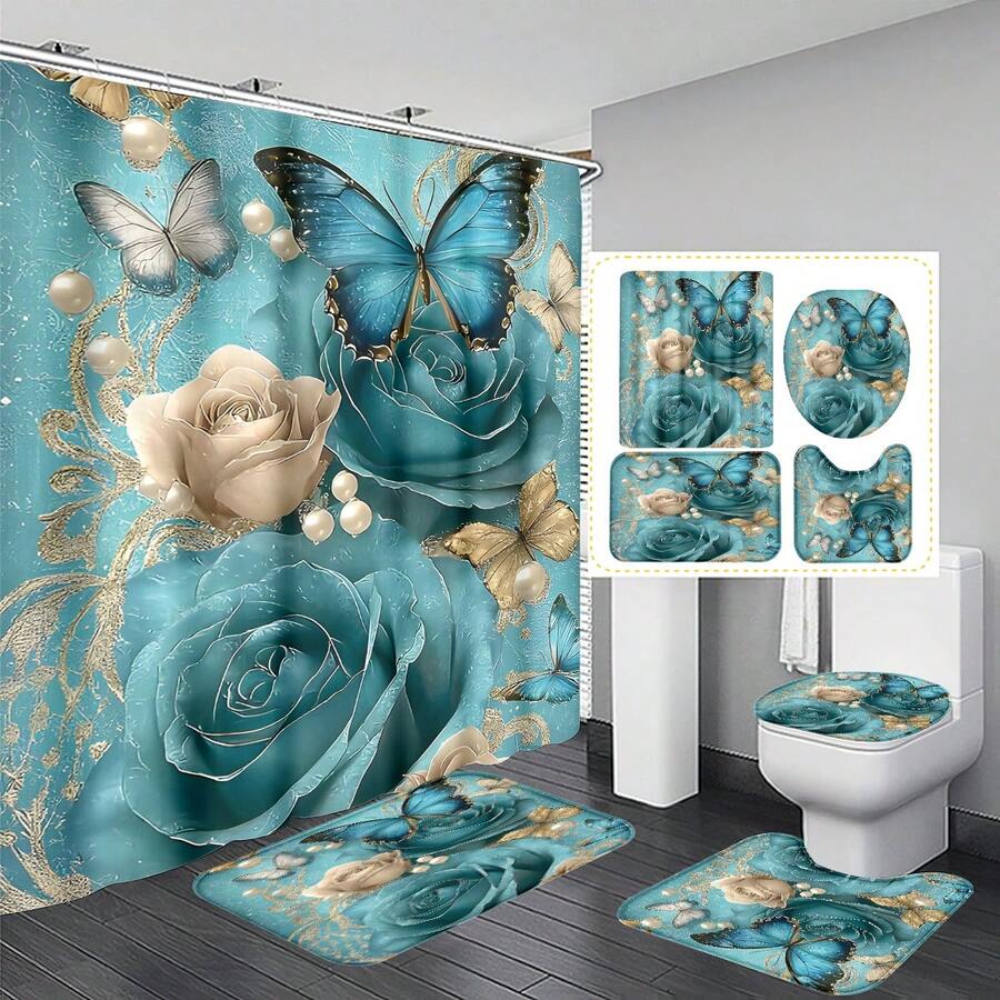 1pc/4pcs Floral Butterfly Multifunctional Bath Decor Set, Including Waterproof Shower Curtain With 12 Hooks, Anti-Slip Bath Mat, U-Shaped Toilet Mat, And Round Toilet Lid Cover, Ideal For Bathroom Scenes Bathroom Accessories Back To School
