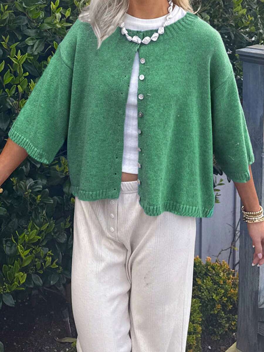 Women Fashion Cardigan Solid Color Buttons Front Elbow Sleeve Sweater Fall Casual Soft Knit Coat - màu xanh lá - Xem 1