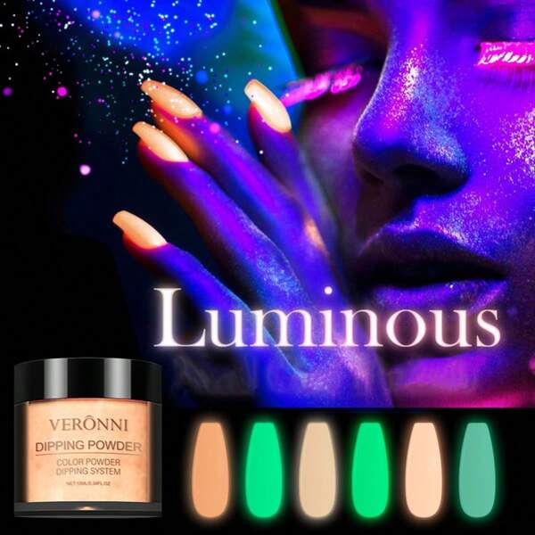 VERONNI 12 couleurs de poudre à tremper qui brillent dans le noir, avec un effet de dégradé rêveur, parfait pour les ongles de fête et le nail art DIY créatif