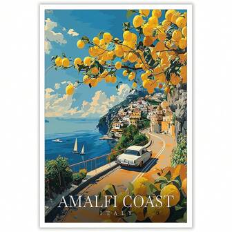 1 pièce Affiche murale vintage de paysage de la côte amalfitaine, retro ville d'Italie, paysage de nature côtière avec maisons colorées sur canevas, décoration murale pour salon familial ou chambre à coucher, sans cadre