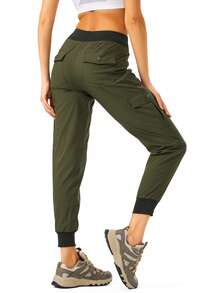 Women's Lightweight Hiking Cargo Pants Outdoor Quick Dry Casual Travel Sweatpants Joggers Elastic Waist Button Pockets - 軍綠色* - 查看 1