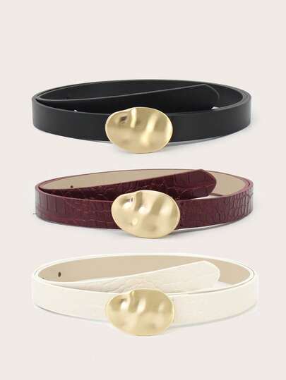 1pc Women's Asymmetrical Round Buckle Crocodile Grain Belt, Fashion Minimalist Personalized Waist Belt, Suitable For Daily Wear