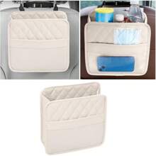 Car Seat Back Organizer,  PU Leather Vehicle Backseat Hanging Storage Pocket,  Multipurpose Auto Travel Essentials Accessories For Kids & Adults,  Universal For Most Cars (Beige)