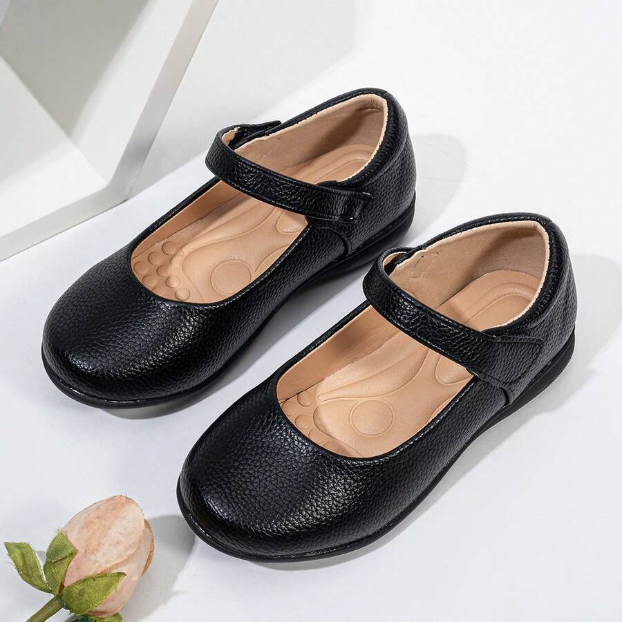 Comfortable, Breathable, Non-Slip Children Girls' Flat Shoes With Wave Design Suitable For School, Performances - Black - View 1