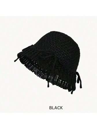 新款热销韩版百搭休闲时尚个性蝴蝶结装饰针织镂空渔夫帽，休闲防晒帽