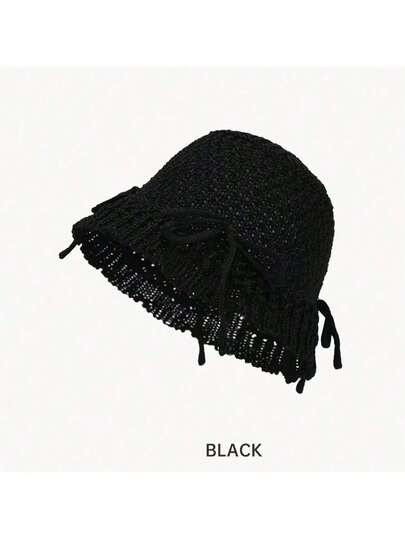 New Hot Selling Korean Style Versatile Casual Fashion Personalized Bow Decor Knitted Hollow Out Bucket Hat, Casual Sun-Proof Hat