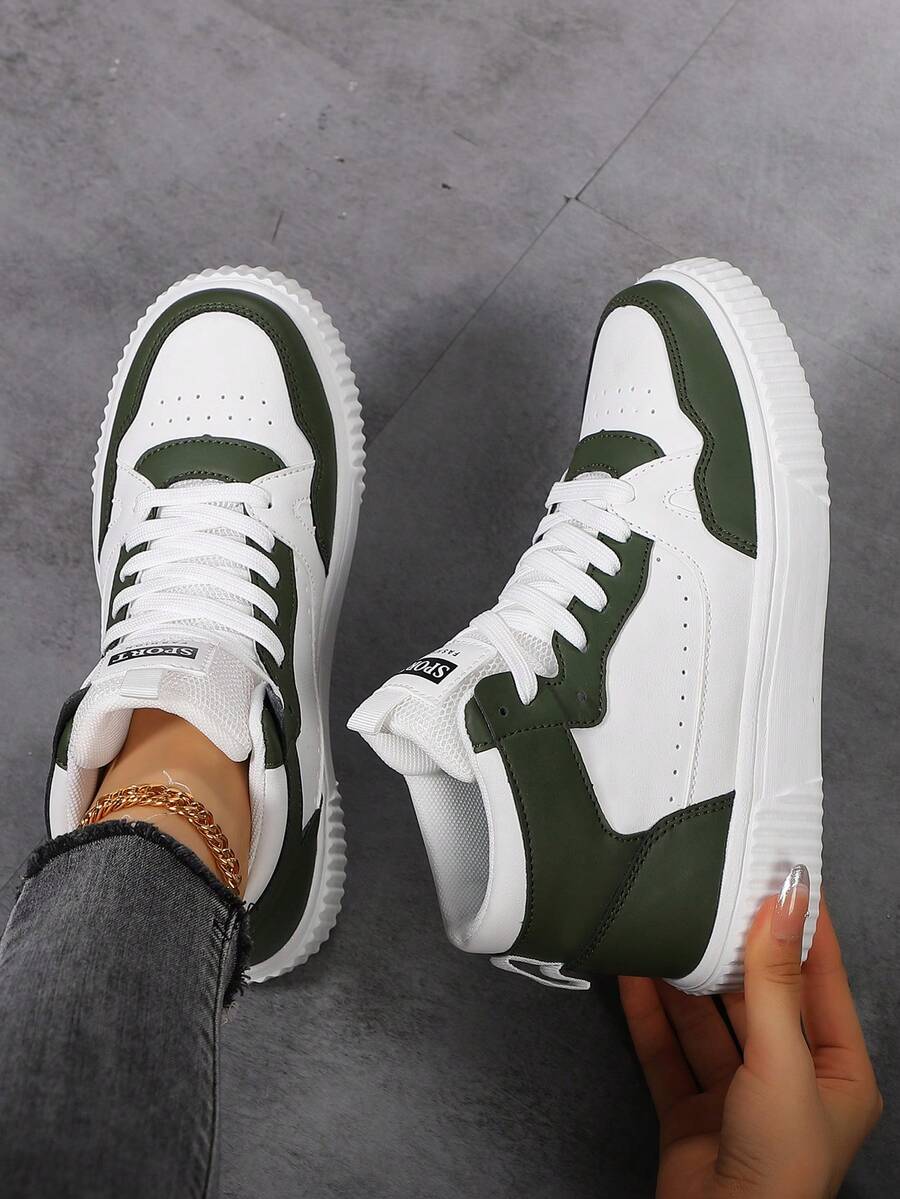 女士多功能高帮运动鞋，休闲运动鞋，适合所有季节，有白色/黑色/绿色/黄色/红色/棕色可选，防滑轻便运动鞋，厚底运动鞋，圆头系带女鞋，适合派对、日常穿着、学生礼物 - 橄欖綠 - 查看 1