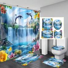 1pc/4pcs Dolphin Waterfall Pattern Multipurpose Bathroom Decor Set Including Waterproof Shower Curtain With 12 Hooks, Anti-Slip Bath Mat, U-Shaped Floor Mat And Round Toilet Lid Cover, Suitable For All Bathroom Scenarios Bathroom Accessories