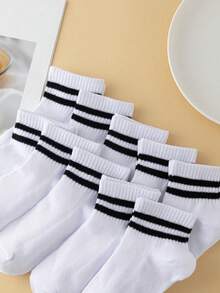 10 Pairs Kids/Youth Cotton Plain Casual Socks, Breathable Middle Tube Sports Socks For Students - Black and White - View 2
