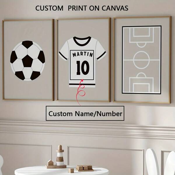 Conjunto de 3 peças de pôster de tela com nome personalizado, decoração de parede, pinturas personalizadas com nome e número, pinturas em tela com tema de futebol americano, adequadas para sala de estar, quarto, decoração de casa para quarto de meninos, moldura opcional, pintura para pendurar como presente